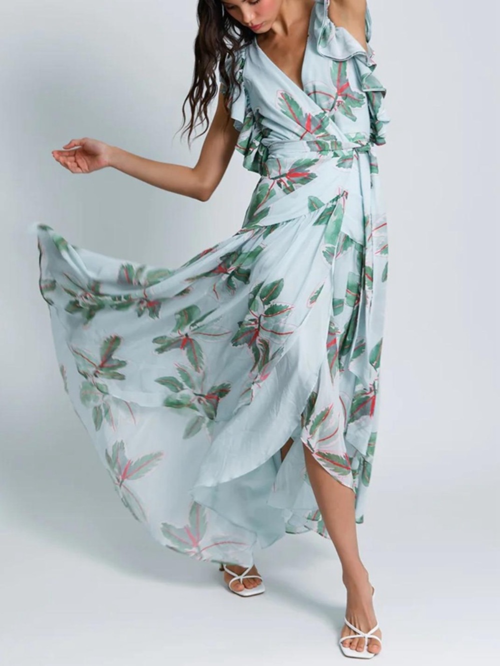 HUTCH Romantic Feminine Blue Floral Wrap Wedding Party Guest Ruffle Dress LARGE